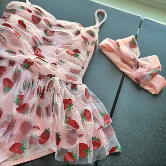Lola + The Boys Pink Strawberry Print Swimsuit with Bow - Picture 2 of 5